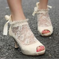 wedding photo - Free White Ladies Wedding Lace Bowknot Ankle Heels Pumps Shoes High heel sandals