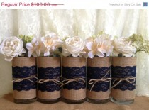 wedding photo -  3 DAY SALE 5 Navy blue burlap and lace covered glass vase, wedding, bridal shower, baby shower, home decoration