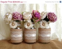 wedding photo -  3 DAY SALE rustic burlap and lace covered 3 mason jar vases wedding deocration, bridal shower, engagement, anniversary party decor