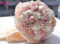 wedding photo - HANDMADE Ivory Satin Rose Silk Crystal Brooch Flower Bride Wedding Bouquet Posy(new)