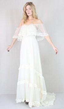 wedding photo - Vtg 60s/70s Cream Sheer Boho Hippie Wedding Prairie Lace Draped Maxi Bridal Dress
