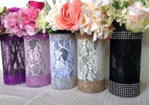 wedding photo -  10x lace and rhinestone covered glass vases, wedding, bridal shower, tea party table centerpieces