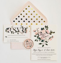 wedding photo - Custom Hand Painted Wedding Invitation Suite/Set Of 25 Gold And Blush Floral And Polka Dots