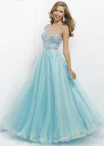 wedding photo -  Blue Sparkly Sheer Scoop Neck Open Back Sequined Ball Gown