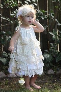 wedding photo - Lace Flower Girl Dress - Vintage Look - Shabby Chic Linens And Laces - Custom Order 12 Month To Girl's Size 7 - Adjustable Top