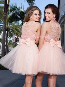 wedding photo -  A-line Jewel/Scoop Short/Mini Shiny Beading Pearls Appliques Bow Tulle Cocktail Dress 2014