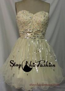 wedding photo -  Champagne Short Beaded Top Striped Sequined Sparkly Prom Party Dress
