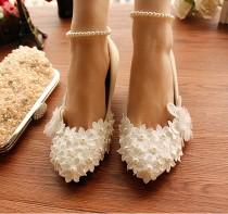 wedding photo - New Women White High Heel Flower Ankle Strap Wedding Lace Pearl Bride Shoes