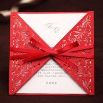 wedding photo - Red Square Invitation Cards With Ribbon, Laser Cut Invites, China Style Wedding Cards, Ship Worldwide 3-5 Days -- Set Of 50 Pcs