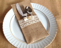 wedding photo - 10 burlap and lace rustic silverware holder, wedding, bridal shower, tea party table decoration