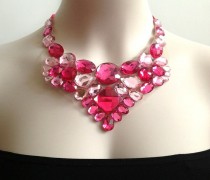 wedding photo -  pink bib necklace - hot pink, fuchisa and light pink bib necklace, prom, bridesmaids rhinestone unique bib necklace