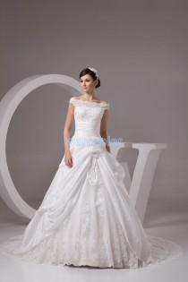 wedding photo -  Strapless Floor Length White A-line Taffeta Wedding Dress With Flowers