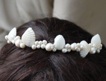 wedding photo - Pearl And Shell Tiara- White Sea Shell, Ivory Freshwater Pearl Clusters Beach Summer Wedding Headband