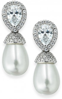wedding photo - Arabella Bridal Cultured Freshwater Pearl (7mm) and Swarovski Zirconia (2-1/4 ct. t.w.) Drop Earrings in Sterling Silver