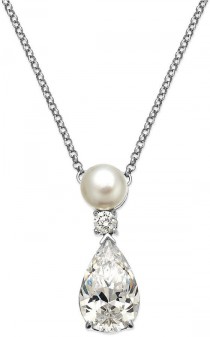 wedding photo - Arabella Bridal Cultured Freshwater Pearl (7mm) and Swarovski Zirconia (7-9/10 ct. t.w.) Pendant Necklace in Sterling Silver