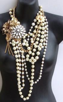 wedding photo - Vintage Pearl- Vintage Enamel Flower And Pearl Statement Necklace By Ashlee Collection On Etsy- Bridal Jewelry
