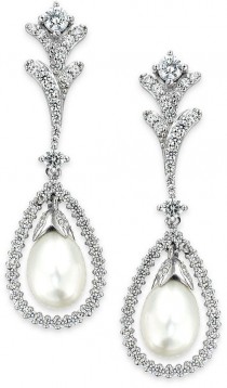 wedding photo - Arabella Bridal Cultured Freshwater Pearl (7mm) and Swarovski Zirconia (2 ct. t.w.) Drop Earrings in Sterling Silver