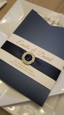 wedding photo - Pocket Sleeve Navy And Gold Invitations With Satin Ribbon Sash And Crystal Brooch