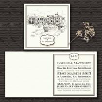 wedding photo - Knots and Kisses Wedding Stationery: Bespoke Wedding Invitations with Sketch Of Gorgeous Country House Wedding Venue