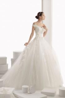 wedding photo -  Modern Off Shoulder Flower Tulle Ball Gown Cheap Wedding Dress