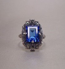 wedding photo - Art Deco Sterling Silver Sapphire Blue Glass Ring Marcasites Vintage 1920s Jewelry