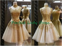 wedding photo - QQ545 Short Gold Lace Wedding Dress With High Collar,knee Length Cheap Bridal Wedding Wear,beach Wedding Dress