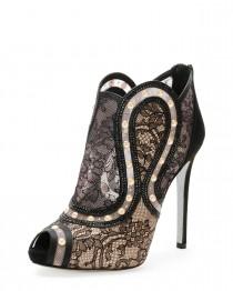 wedding photo - Peep-Toe Pearly Lace Bootie, Black/Gold