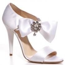 wedding photo - Oscar De La Renta - White Satin Pump With Ribbon And Diamond-Encrusted Accent Wedding Shoes