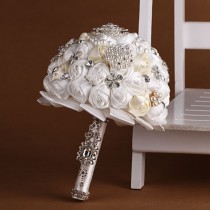 wedding photo - Handmade Flower Bridal Wedding Bouquet Crystal Pearls Silk Satin Brooch Rose