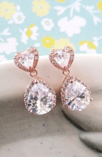 wedding photo - Rose Gold Teardrop Luxe Cubic Zirconia Heart Earring - Gifts For Her, Earrings, Bridal Gifts, Drop, Dangle, Pink Gold Weddings