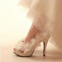wedding photo - Wedding Shoes, Flowers Lace Bridal Shoes, Peeptoes Lace Shoes, High Heel Wedding Shoes, Bridesmaid Shoes,Prom Lace Shoes