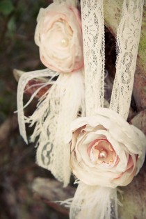 wedding photo - Hanging Wedding Decor Chair Tie Fabric Flower Lace Upcycled Vintage Shabby Chic Decor Pink Ivory Lace Wedding Church Pew Decor Vintage Party