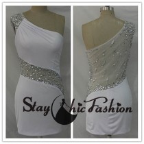wedding photo -  White One Shoulder Beaded Illusion Waist Back Short Fitted Jersey Prom Dress