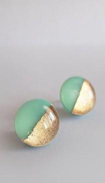 wedding photo - Mint Green Gold Round Stud Earrings - Surgical Steel Posts