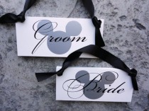 wedding photo - Bride & Groom Mickey Mouse Chair Signs With Thank You. Fairy Tale Wedding Sign, Mickey Mouse, Minnie Mouse, Disney Wedding, 2-sided Signs.