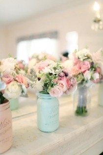 wedding photo - As Seen In Smitten Magazine - Mint And Blush SPRING And SUMMER Wedding Decoration - Home Decor - Painted And Distressed Mason Jars / Vases