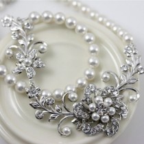 wedding photo - White Pearl Bridal Necklace Vintage Wedding Jewelry Swarovski Crystal Flower Wedding Necklace SABINE GARDEN