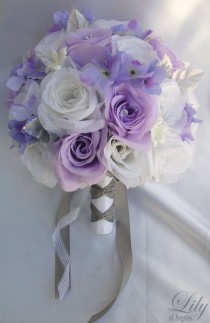wedding photo - 17 Pieces Package Silk Flower Wedding Decoration Bridal Bouquet WHITE LAVENDER "Lily Of Angeles"