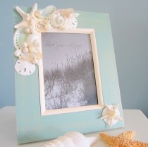 wedding photo - Beach Seashell Frame - Nautical Decor Shell & Stafish Frame In Aqua, 8x10