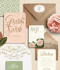 wedding photo -  Blush Pink And Gold Script Flower Garden Wedding Invitation Suite