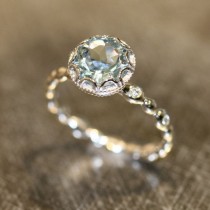 wedding photo - Floral Aquamarine Engagement Ring In 14k White Gold Diamond Pebble Ring 8x8mm Round Natural Aquamarine Ring (Bridal Set Available)