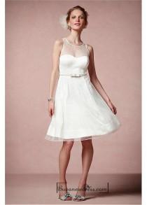 wedding photo -  Beautiful Satin & Tulle A-line Illusion Jewel Neck Raised Waistline Knee-length Bridesmaid Dress