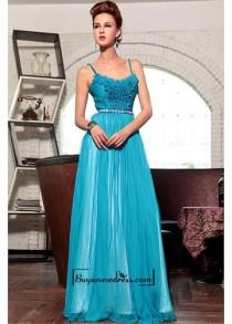 wedding photo -  Attractive A-line Spaghetti Straps Raised Waist Blue Long Pleated Evening Formal Dress with Beadings