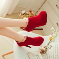 wedding photo -  Fashion Round Toe Stiletto High Heel Zipper Ankle Chains Red PU Martens Boots - Women's Apparel Trendy