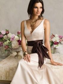 wedding photo - Cashmere Satin A-line Elegant Bridesmaid Gown with V-neck and Tie Sash