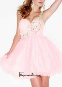 wedding photo -  Adorable Tulle & Satin A-line Beaded One Single Shoulder Strap Short Prom Dress