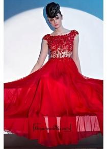 wedding photo - A-line Bateau Neckline Natural Waist Red Evening Dress With Cap Sleeve and Flower Overlay Bodice