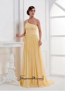 wedding photo -  Alluring Chiffon A-line Embroidery Beaded One Shoulder Sleeve Floor Length Evening Dress