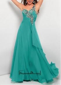 wedding photo -  Alluring Chiffon A-line One Shoulder Neckline Ruched Floor Length Prom Gown With Beadings