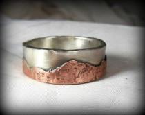 wedding photo - Mountain Range Silver And Copper Wedding Band, Mens Ring, Unisex Jewelry, Custom Made Rustic Sterling Ring